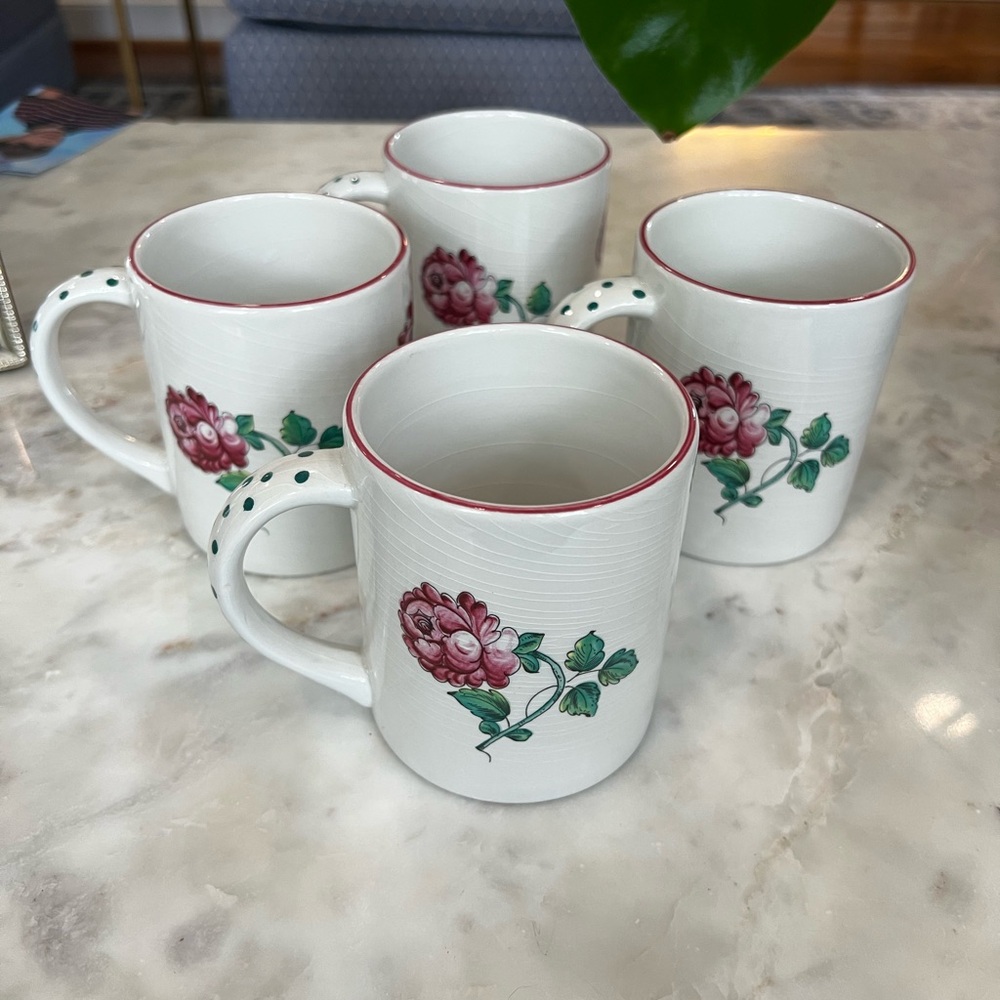 Tiffany & Co. White Ceramic Mugs with Pink Floral Motif (Set of 4)